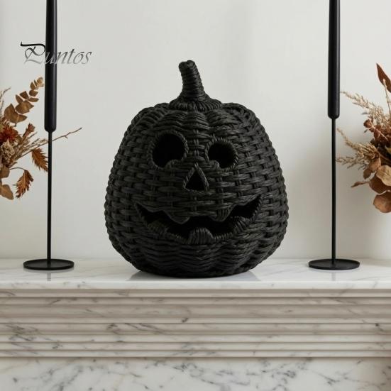 Black Braided Halloween Prop Handwoven Pumpkin Basket with Witch Hat Lid, Rustic Wicker Trick Fall Housewarming Gifts or Treat Bucket for Indoor