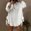 Ladies Casual Summer Short Sleeve Lapel Solid Color Side Slit Irregular Ruffles Oversize Long Blouse Long Shirt Top