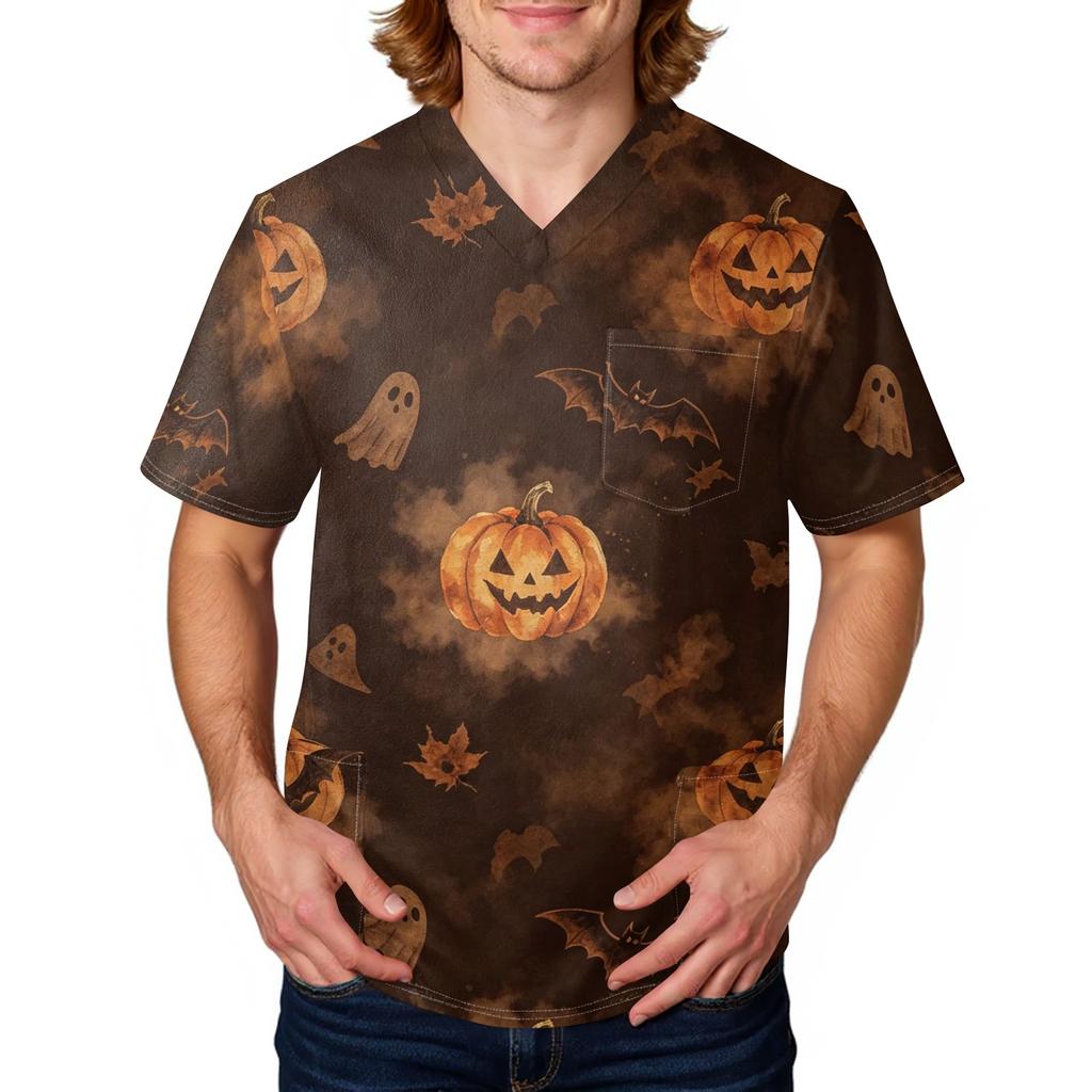 Men's Halloween Print Medical Scrub Top V Neck Tie Pocket Comfortable Fit Workwear for Healthcare Professionals Daily Use