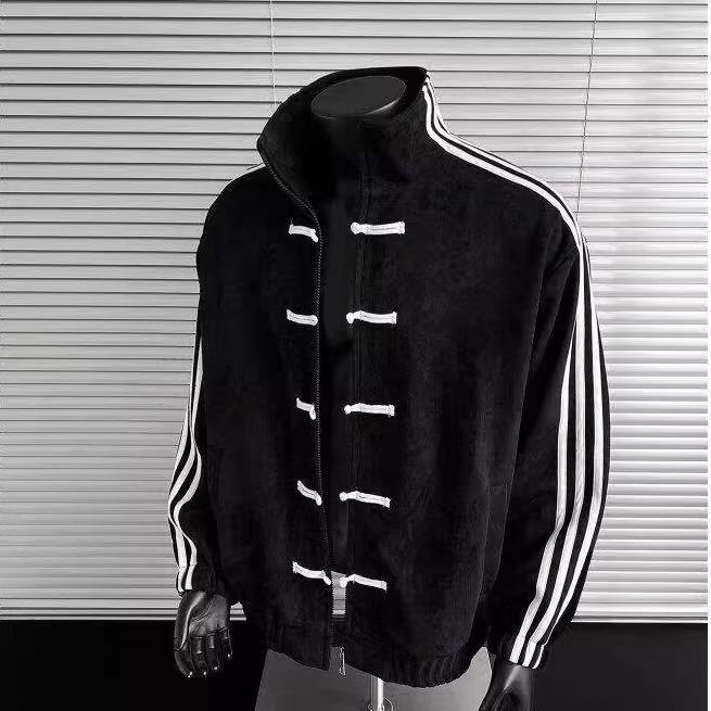 Nuova giacca casual stile cinese a tre strisce con bottoni tradizionali cinesi, giacca baseball con colletto alla coreana