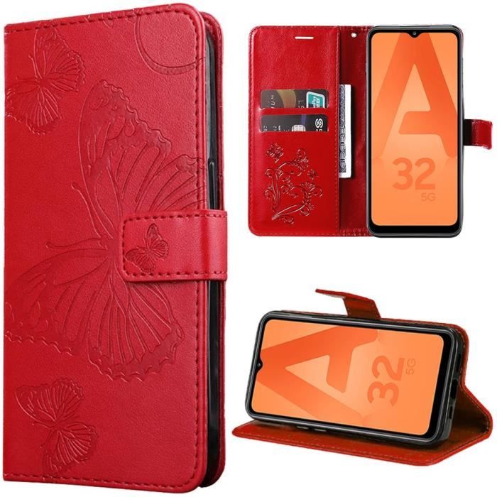 Coque - BOOLING - pour Samsung Galaxy A32 5G - Cuir PU Rouge - Motif Papillon - Fermeture Magnétique