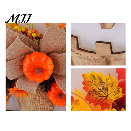 Warm LED Fall Lighted Wreaths Wooden Pumpkin Halloween Door Sign with Lights, Artificial Floral Hanging Illuminated Garland Lights Ornament for Window