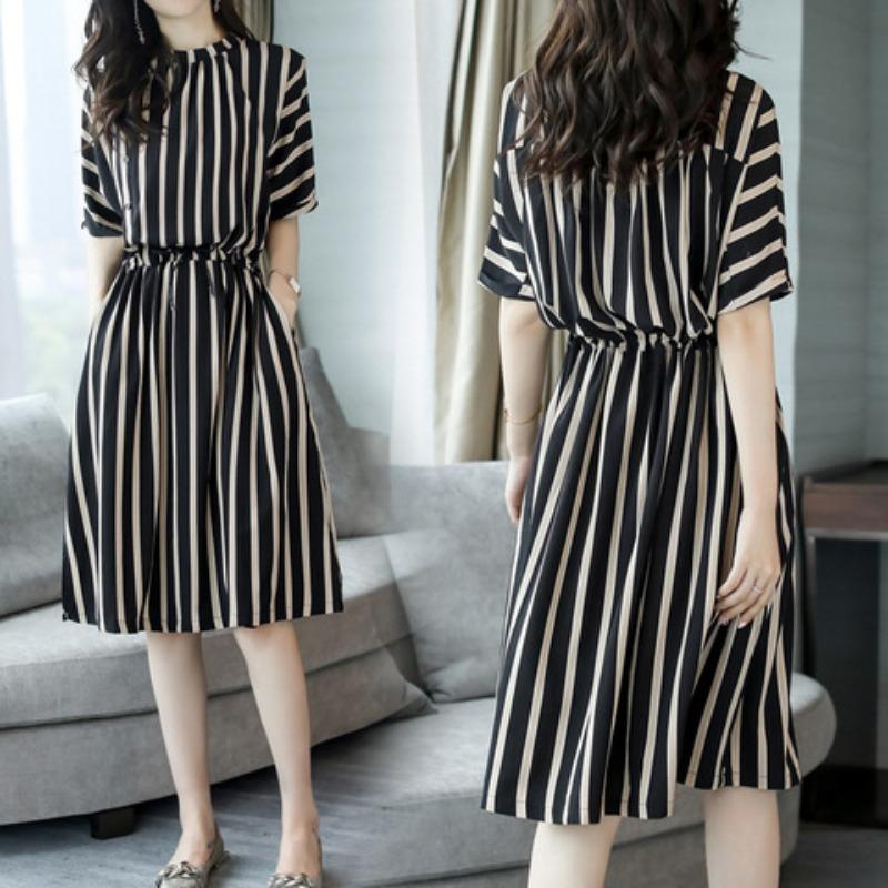 Summer dress Korean version waist temperament fashionable casual loose medium and long vertical striped dress women