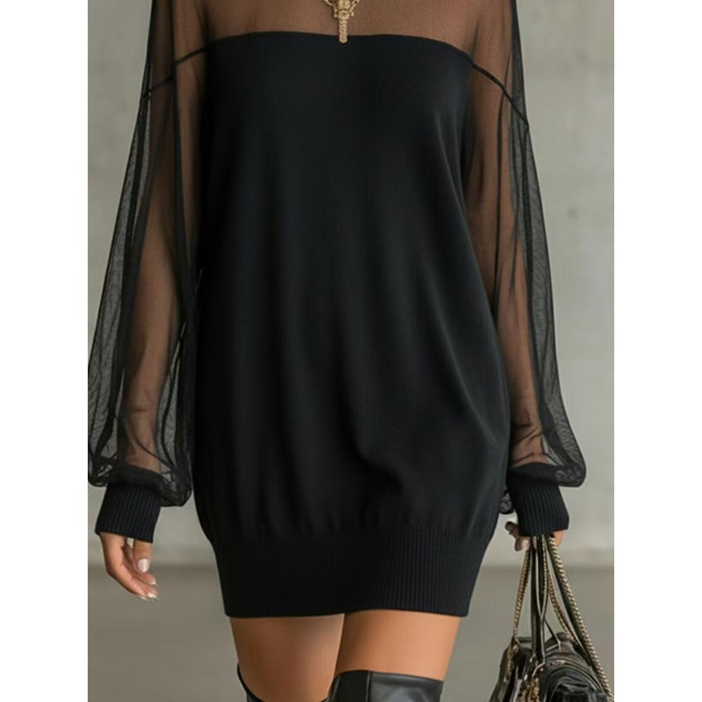 Novedad Vestido Jersey de Manga Larga Transparente con Patchwork de Malla Redonda para Mujer Estilo Europeo Americano