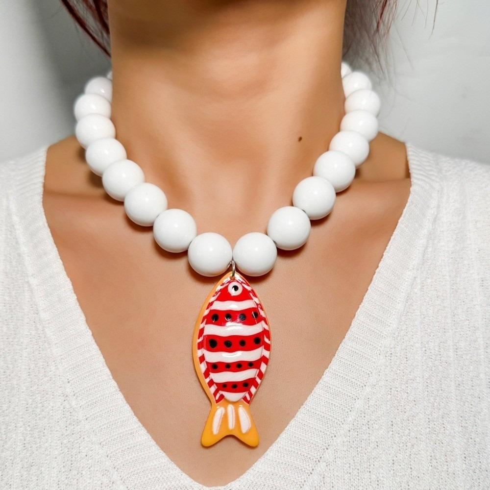 Adjustable Heart-shaped Pendant Necklace Metal Acrylic Round Bead Necklace For Women