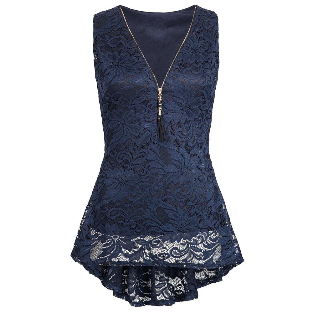 Women Floral Lace Zip Up Tank Top Sleeveless Slim Vest Pure T Shirts