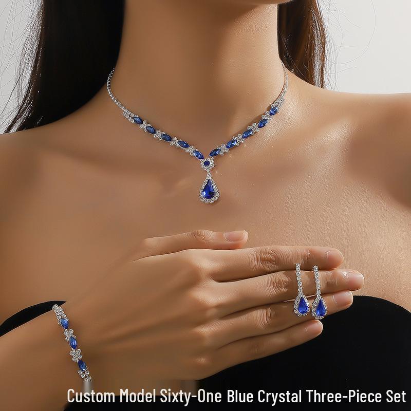 European & American Fashion Blue Crystal Necklace, Earrings & Bracelet Set - Hot Selling Three-Piece Full Diamond Design