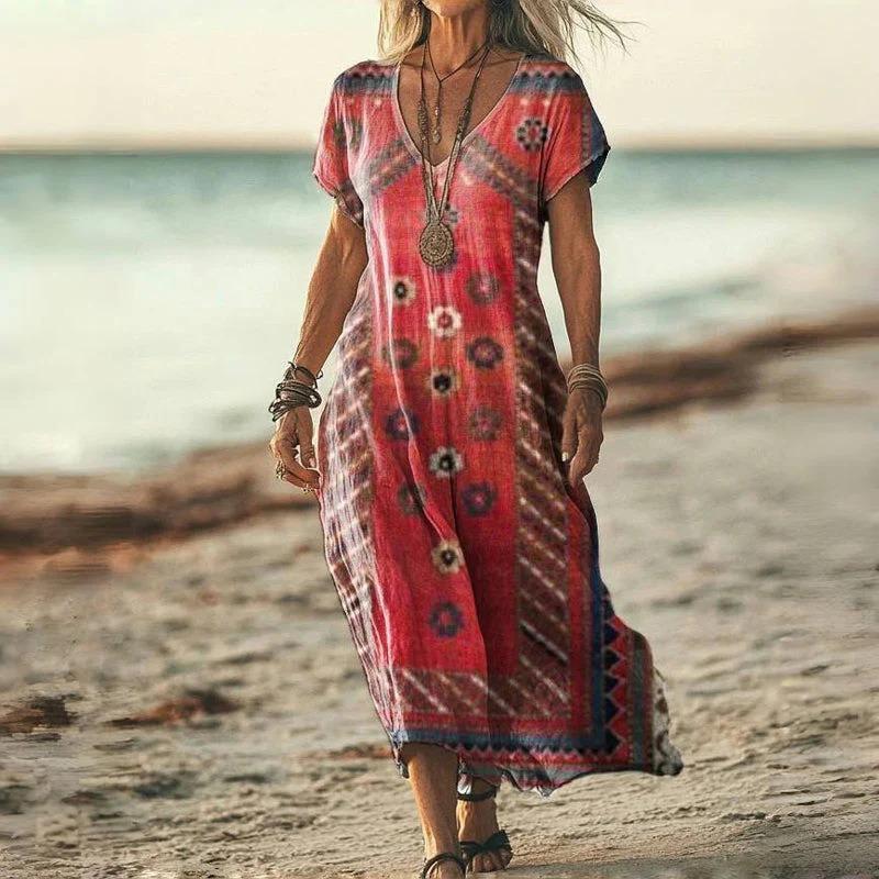 YYFS Women's Fashion Summer Spring Flower Pattern Print Short Sleeve V-Neck Loose Waistline Casual Dresses