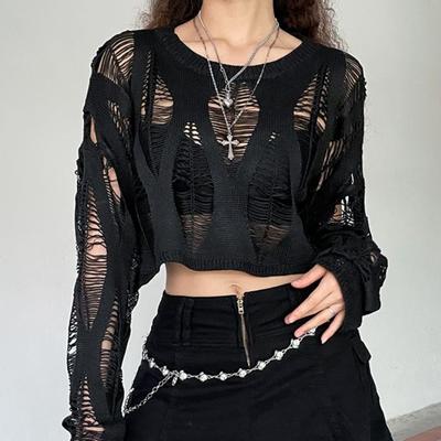 Hollow Out Pulovry Ženy Černá Podzim Streetwear Osobnost Ležérní Volný Korejský styl Móda Jednolité Sexy Pletené oblečení Nový Grunge