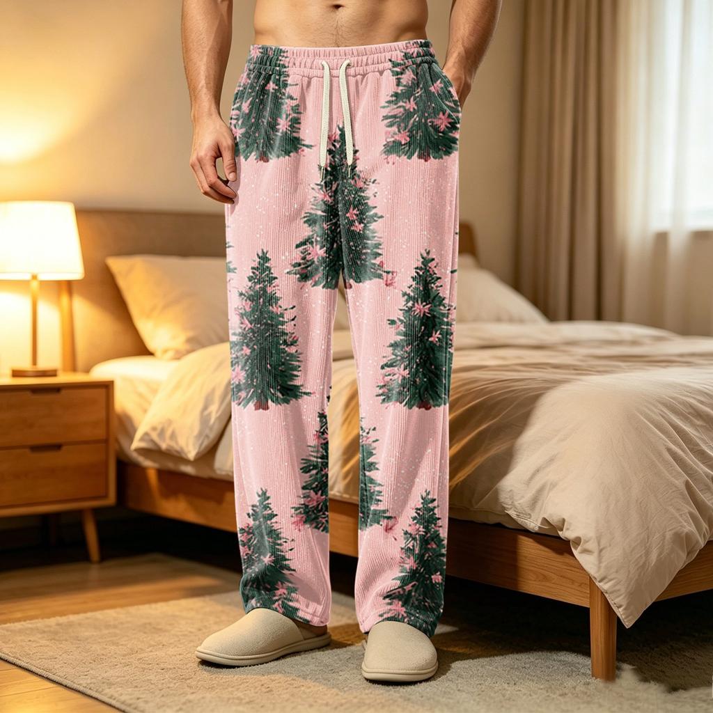 Men's Corduroy Print Pajama Pants with Pockets Casual Sleepwear Bottoms