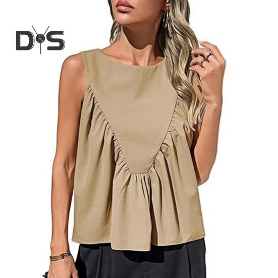 

Женский жилет для поездок на работу в повседневном стиле, однотонные свободные топы с круглым вырезом без рукавов, плиссированные майки S хаки
