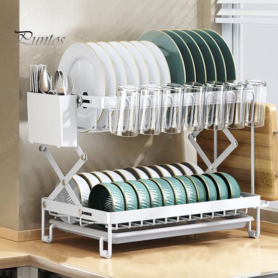 Drain Dish Rack with Wine Glass Holder Strong Load-bearing Height Adjustable 2-Tier Kitchen Counter Drying Rack Utensil Holder