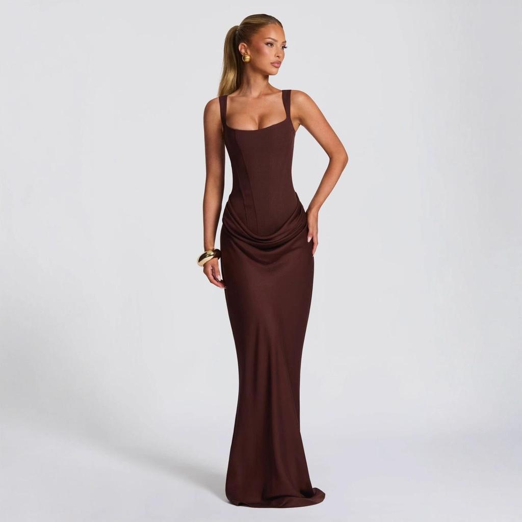 Women's Spring Slim Fishbone Strappy Long Dress - Solid Color Hip-Hugging Design