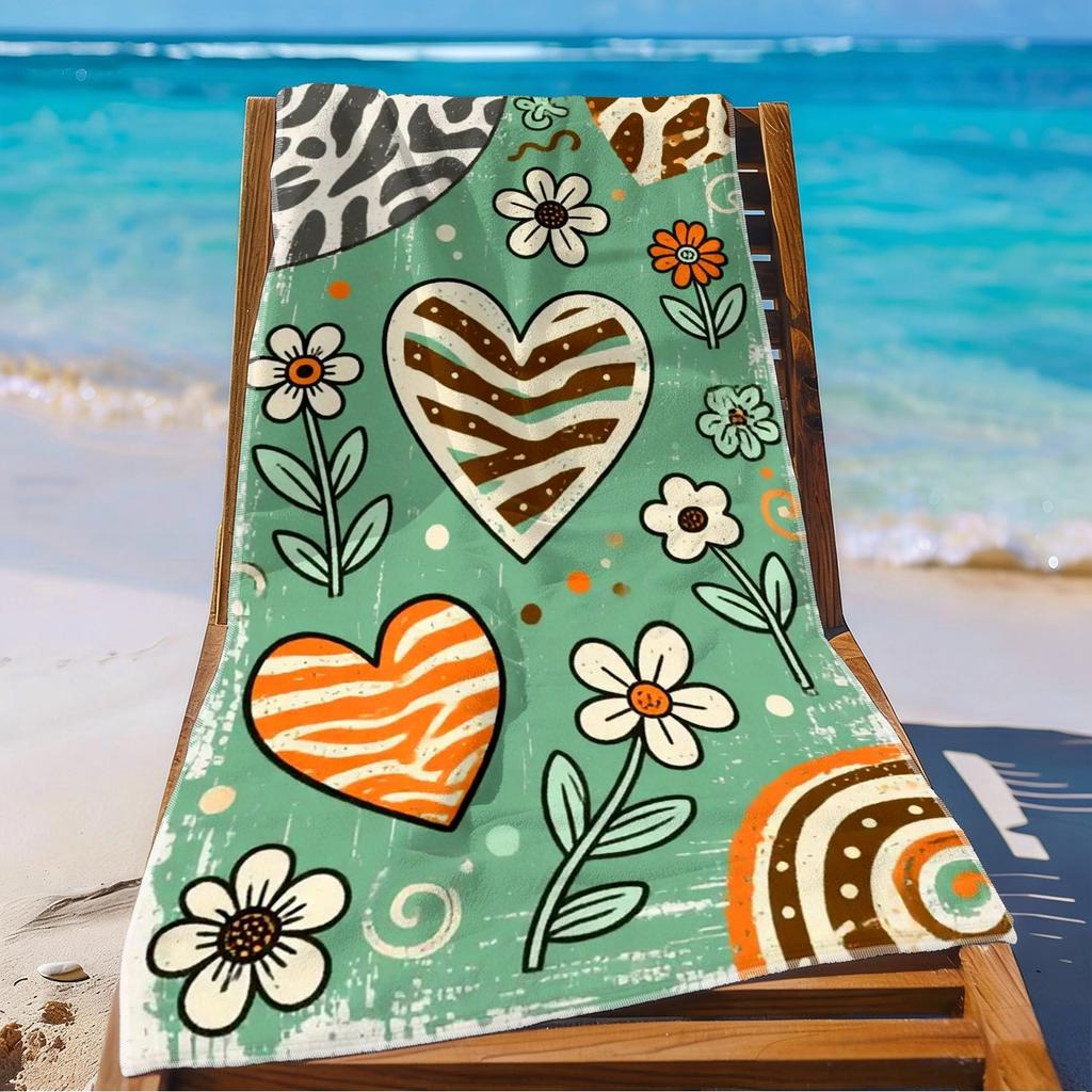 1pc Retro Heart Flower Beach Towel 70s Print Groovy Design Quick Dry Soft Microfiber Bath Towel For Women Vintage Lovers Gift