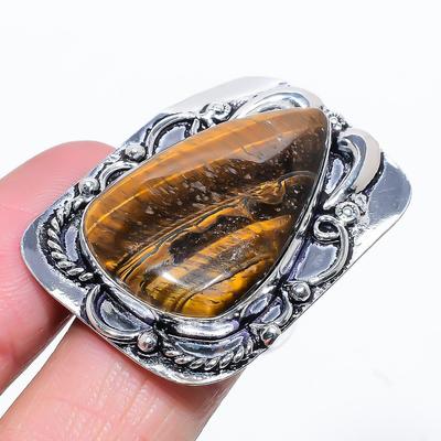 Natural Tiger Eye Gemstone Handmade 925 Sterling Silver Ring Size 9.5 A6H52