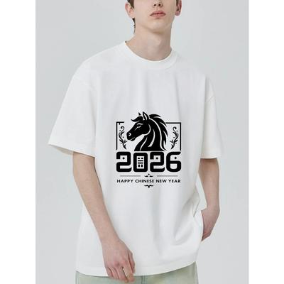 Black T Shirt With Horse And 2026 Happy Chinese New Year Print For Casual Wear