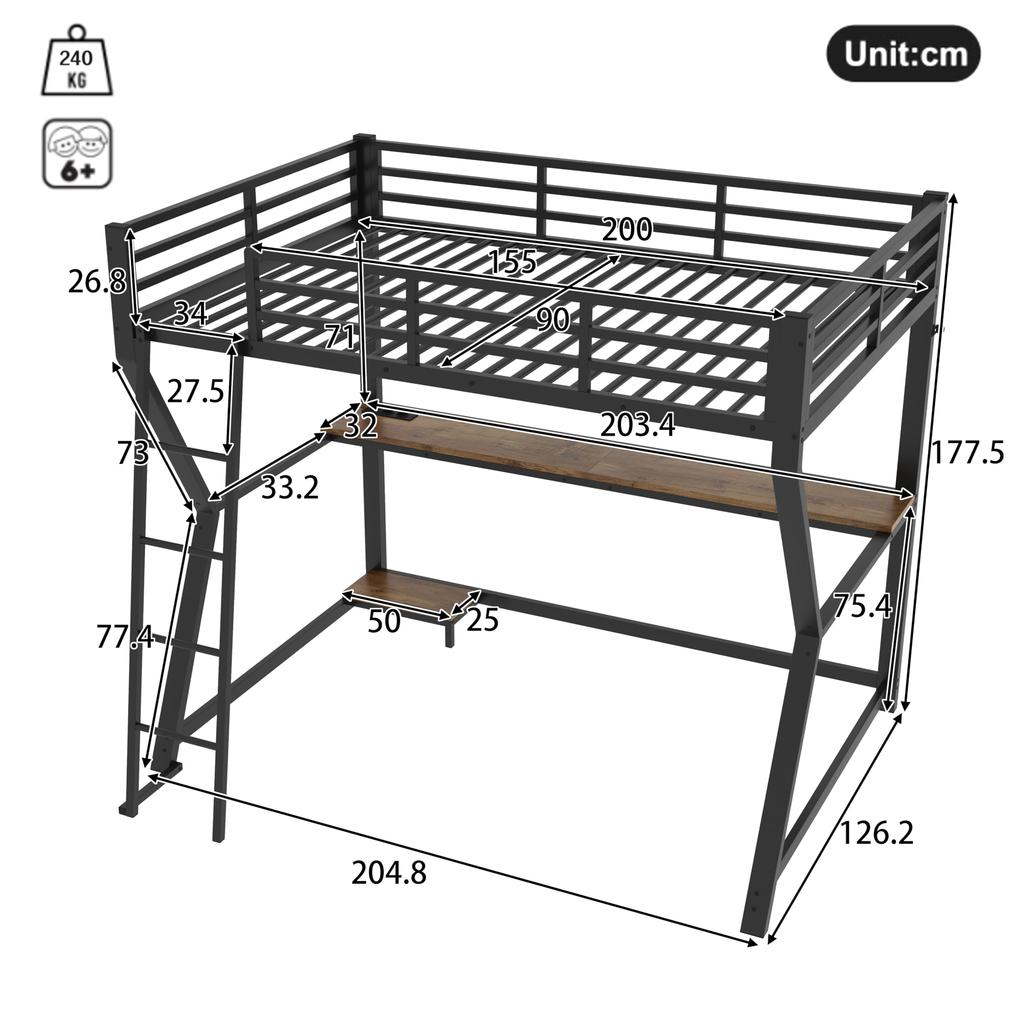 Hochbett Schreibtisch 90x200cm Kinder/Erwachsene, Ambientelicht, Steckdosen & USB, Metallbettgestell Lattenrost, Schwarz (ohne Matratze)
