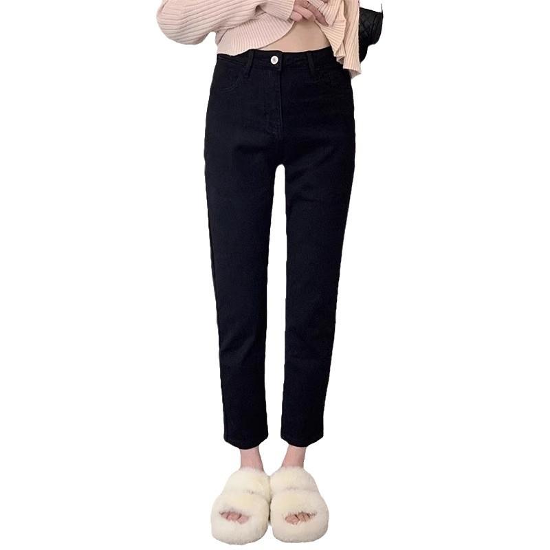 Women's High Waist Black Fleece-Lined Plus Size Slimming Straight Leg Jeans