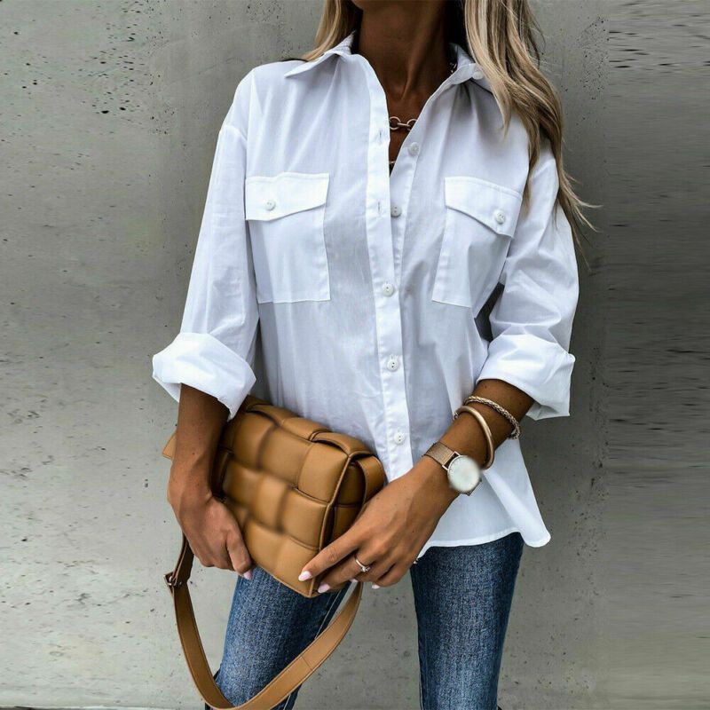 Button Blouse Tops Baggy Shirt Casual Loose Women Long Sleeve