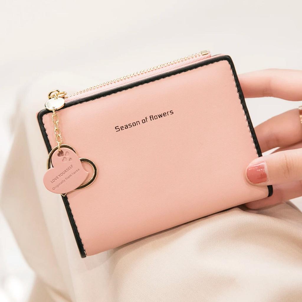 Women'S Small Wallet Double Fold Ultra Thin Zero Wallet Zipper ID Bag, Contrast Color Love Pendant Short Card Bag