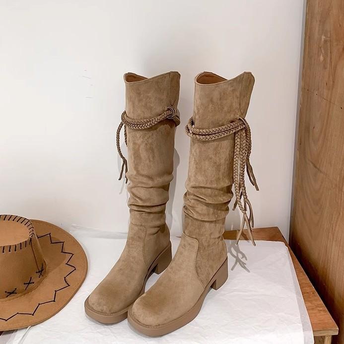 2025 retro versatile wasteland fringed knight boots thick heel but knee long boots slim pile high boots women