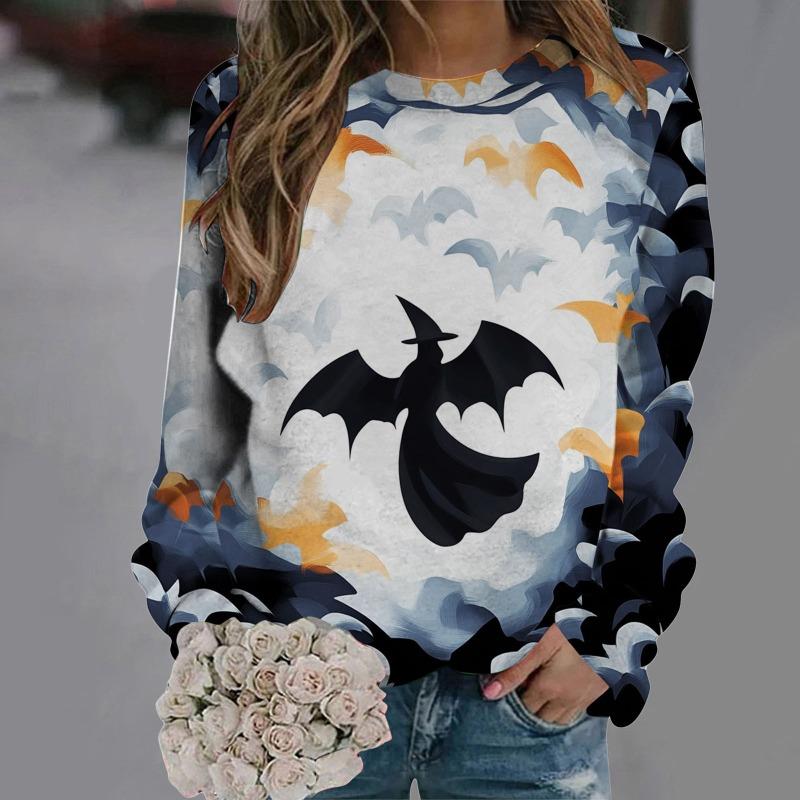 Women's Halloween Pullover Tops Ghost Pumpking Print Hoodless Sweatshirt Casual Long Sleeve Sweatshirt Y2K Streetwear for Women