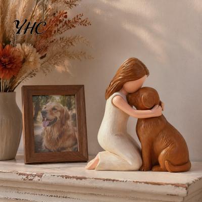 Home Decor for Dog Owners Girl Hugging Resin Figurine, Hand-Painted Pet Companion Sculpture, Brown Black Statue Desktop Ornament, Remembrance