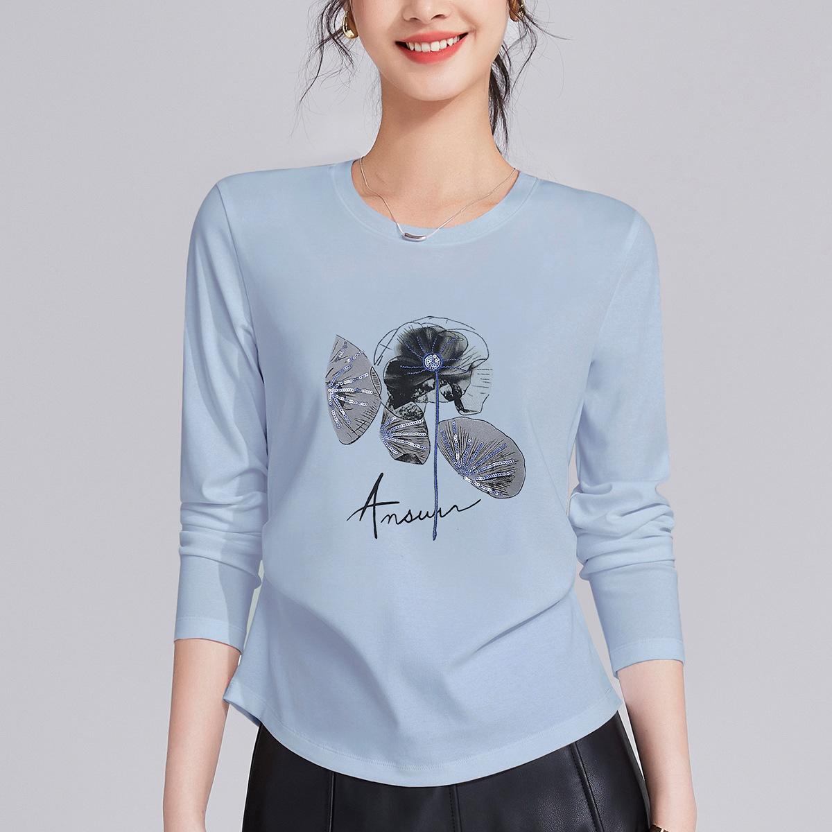 

New cotton long-sleeved women s spring and autumn clothing loose fashion high-end inner bottoming shirt top XXXL небесно-голубой