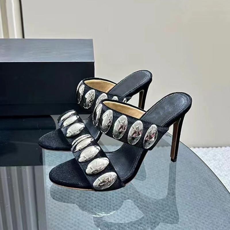 Fashion Star style Luxury Sequined Metal Rivet Decor Women Sandals Slippres Fashion Summer High Heels Mules Slides Female Party Shoes