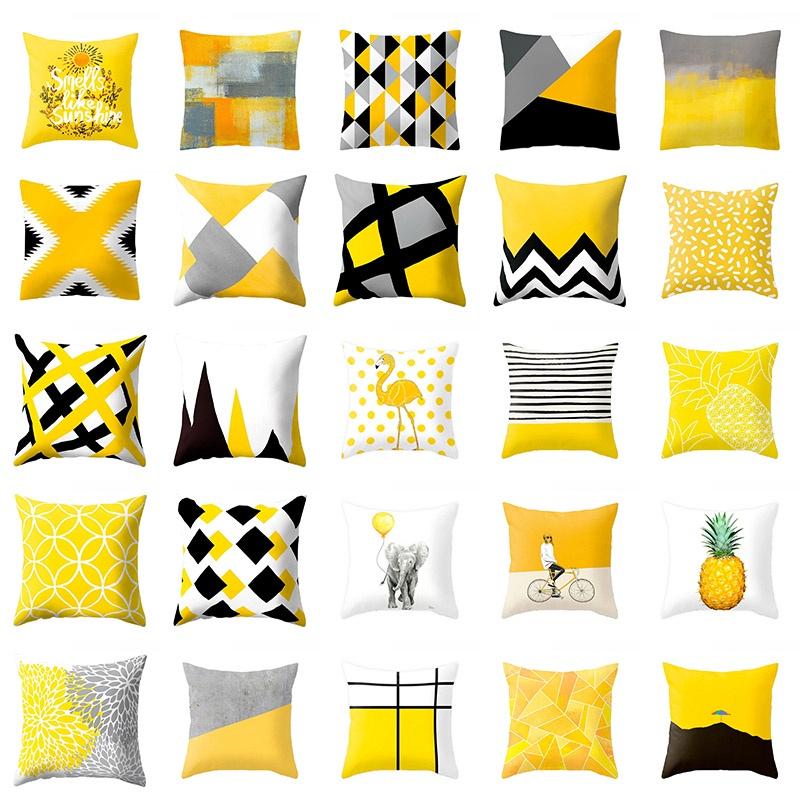 Classic Yellow Geometric Pillow Case Crafted From Luxurious Peach Skin Cashmere