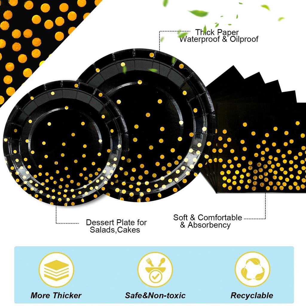 193ks Černo-zlaté párty nádobí, Černá a zlatá tečkovaná papírová sada párty nádobí - Černé a zlaté papírové talíře a kelímky Ubrousky Ubrus atd.