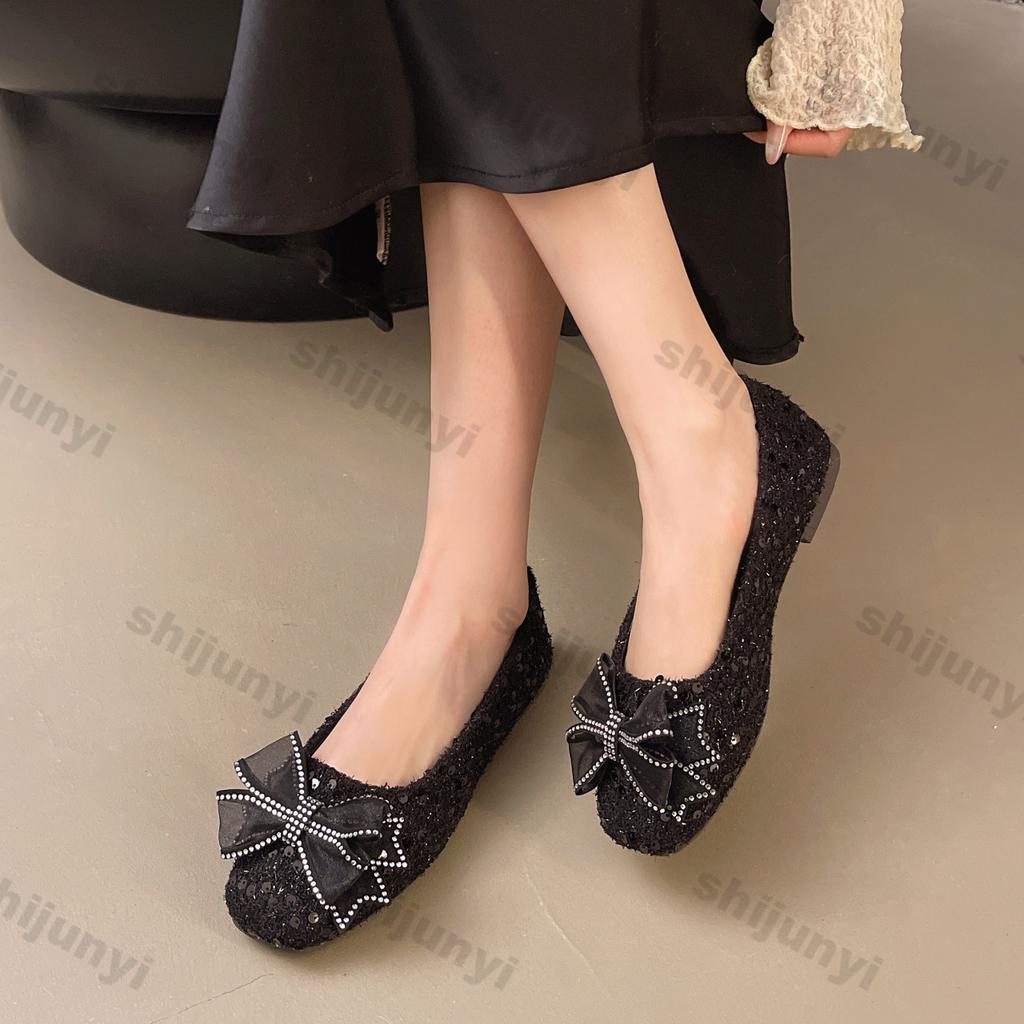Women Shoes 2025 Spring Autumn New Comfort Non Slip Women Flats Fashion Soft Sole Bow-knot Rhinestone Square Toe Mary Jane Shoes