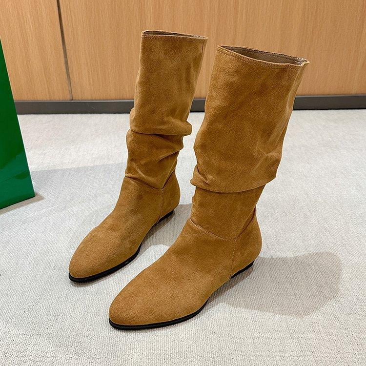 [Ushilai] pointed-toed temperament boots for women's 2025 winter new thick-heeled fashion casual versatile wrinkled boots