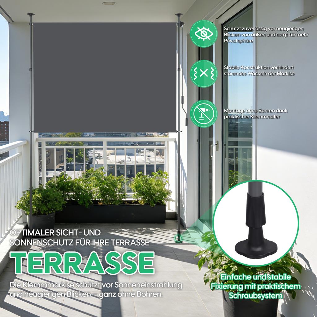 Vertical outdoor awning with clamp mounting, privacy and wind protection for balcony and terrace, weatherproof, anthracite, hand crank, 200 x 270 cm