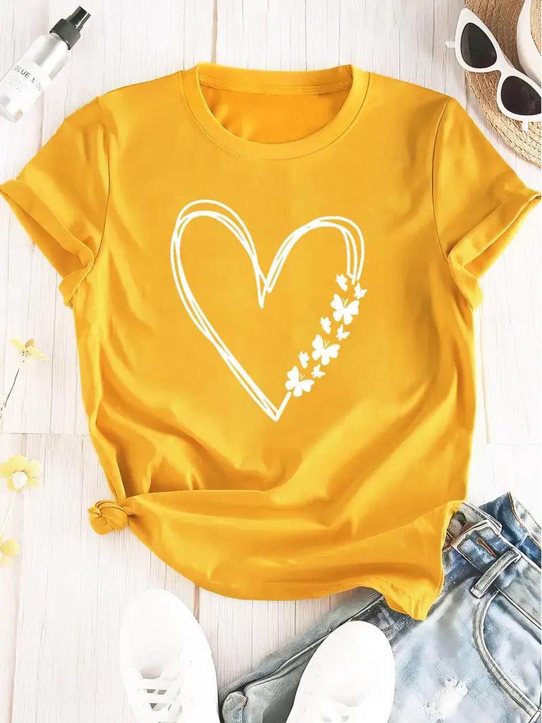 European and American Women's Yellow Short-Sleeved Top with Picture Design