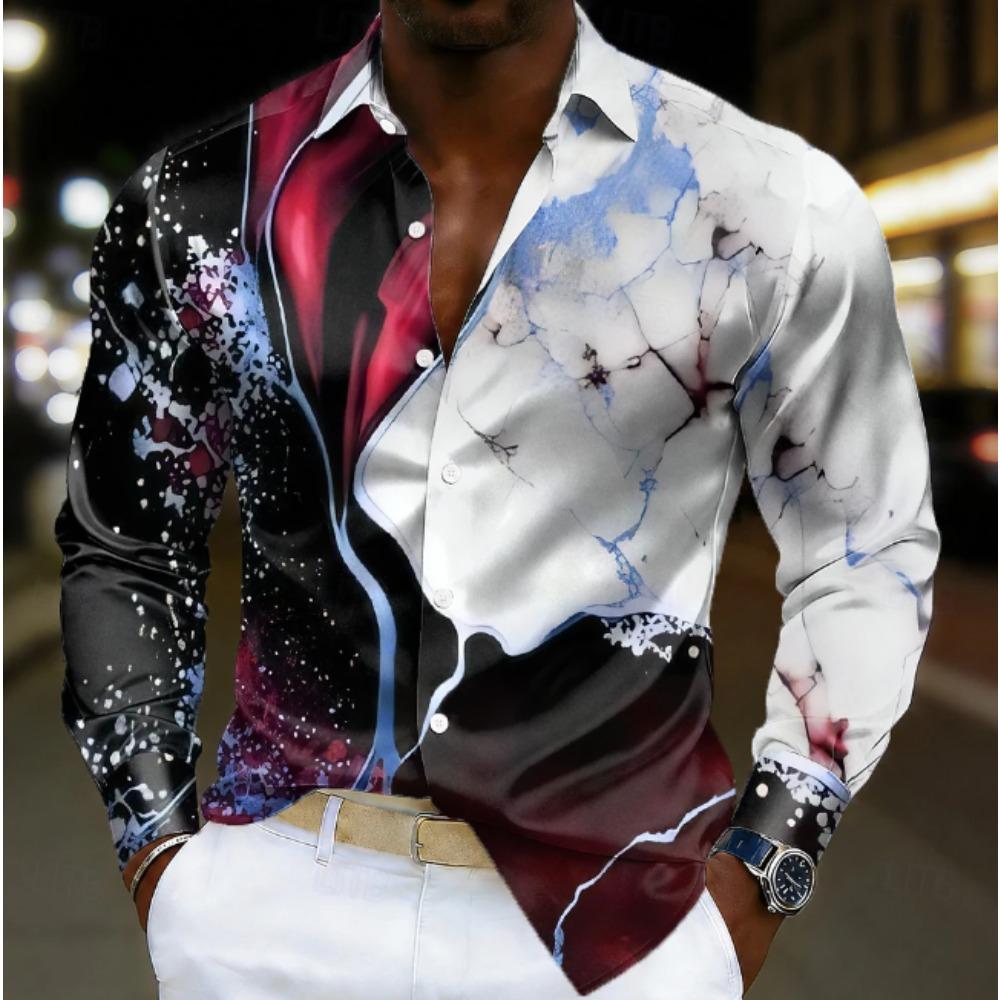 Men's Marble Printed Long Sleeve Shirts Casual Cardigan New Button Holiday Fashion Shirts