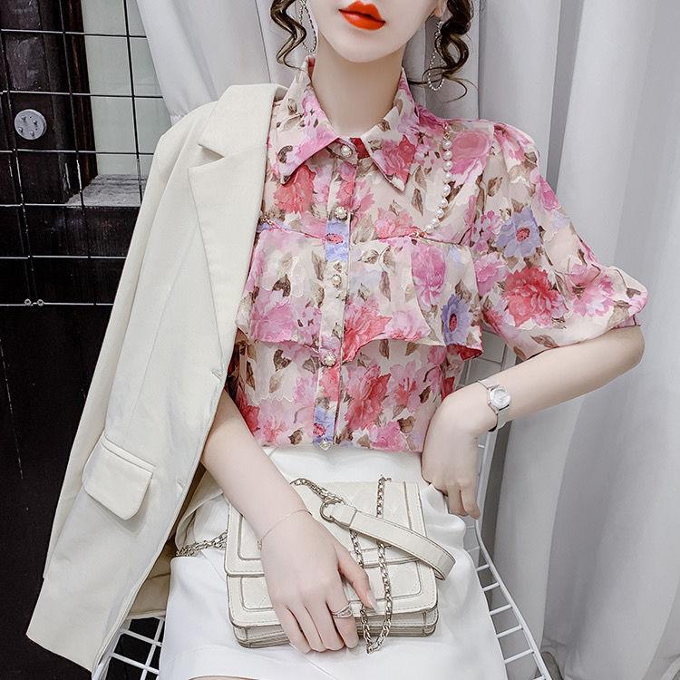 New Summer Pearl Ruffle Edge Floral Chiffon Blouse Sweet Turn Down Collar Floral Short Sleeved Bottoming Shirt
