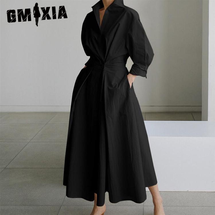 

GMXIA Женское повседневное свободное длинное платье с отложным воротником и длинным рукавом XXXXXL