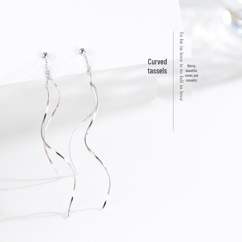 

S925 Sterling Silver Round Bead Wavy Tassel Stud Earrings for Women - European & American Trend Christmas Jewelry 925 Silver платиновый