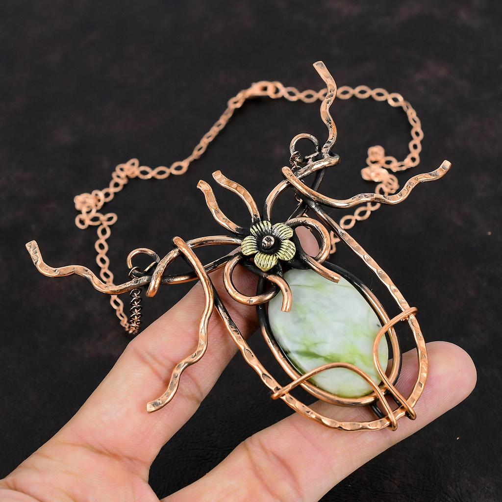 Green Aragonite Necklace Copper Wire Wrapped Necklace Adjustable Chain Necklace Handmade Necklace Gemstone Copper Jewelry Anniversary Gifts