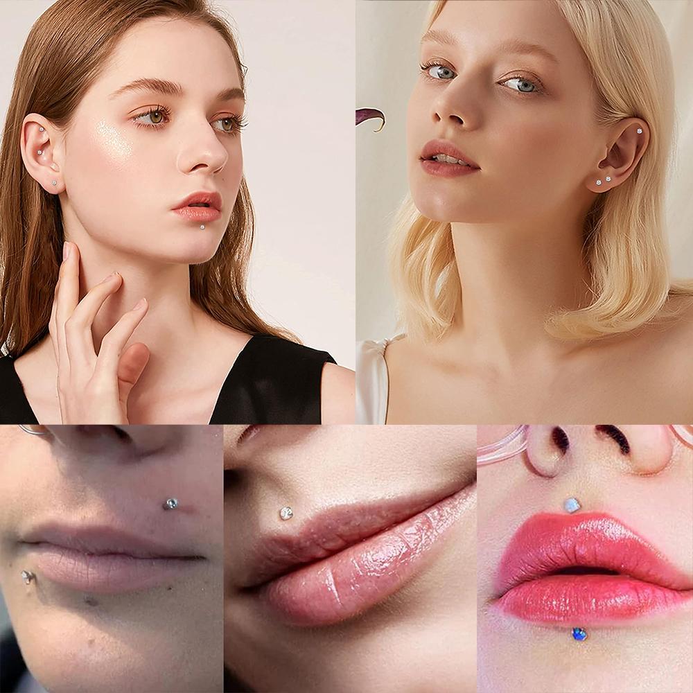 10 PZ Titanio ASTM F136 G23 Piercing Labret Anello Labbra Stud Orecchino CZ Orecchio Trago Cartilagine Helix Daith Pierc Gioielli 16/18/20g