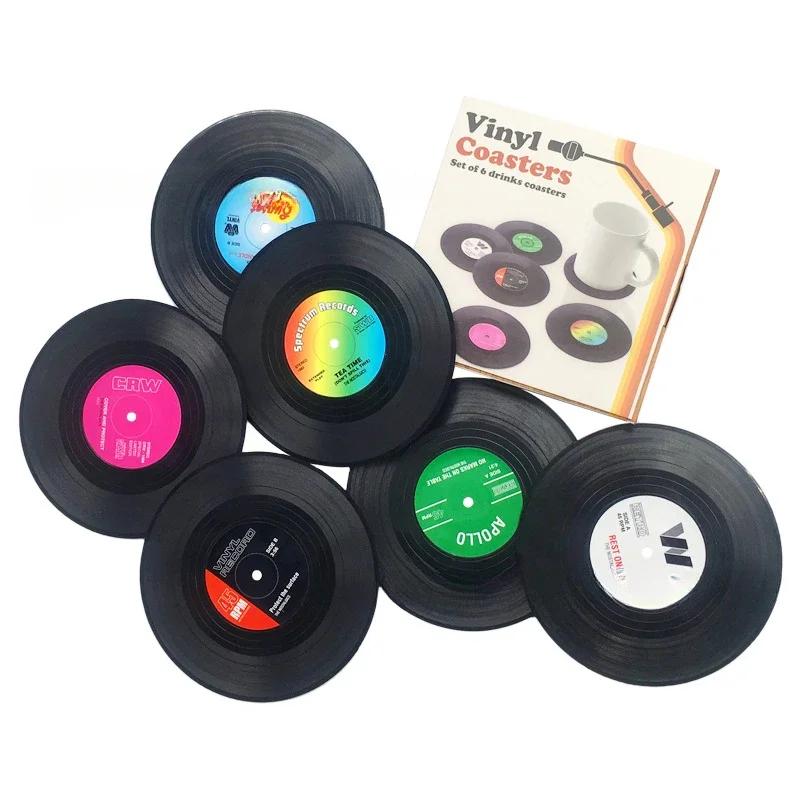 Sada 6 vinylových podložek Kreativní podložky pod nápoje Vinylová deska Hudební podložky se stojánkem na gramofonové desky Podložky pod desky