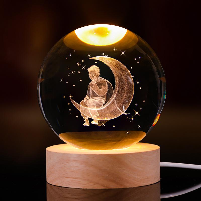 3D Starry Sky Crystal Ball Night Light with Solid Wood Base - Luminous Desktop Ornament & Birthday Gift