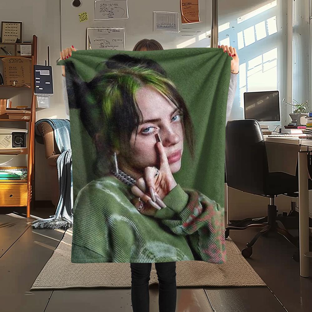 1Pc Billie Eilish Print Flannel Blanket, High quality Comfortable for All Seasons, Home Decor, Warmth and Comfort, Perfect for Christmas Gifts