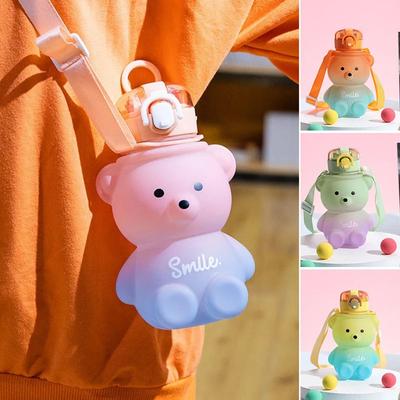 Cute Gradient Cartoon Bear Straw Cup With Strap Leak-proof Reusable Water Drinking Cup For Homes Office