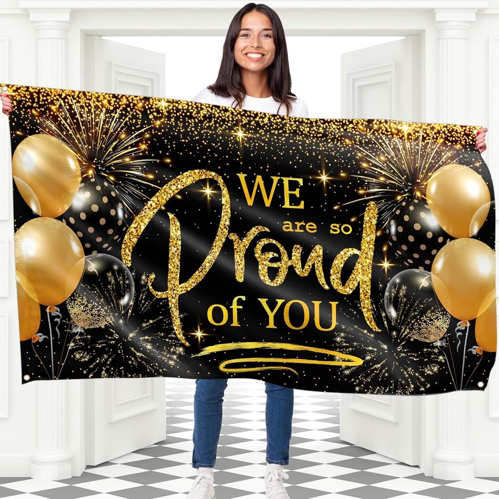 We Are So Proud of You Banner - Congratulations Banner - Congratulations Decorations - Congrats Decorations for Prom - 5ft X 3ft (Black & Gold)