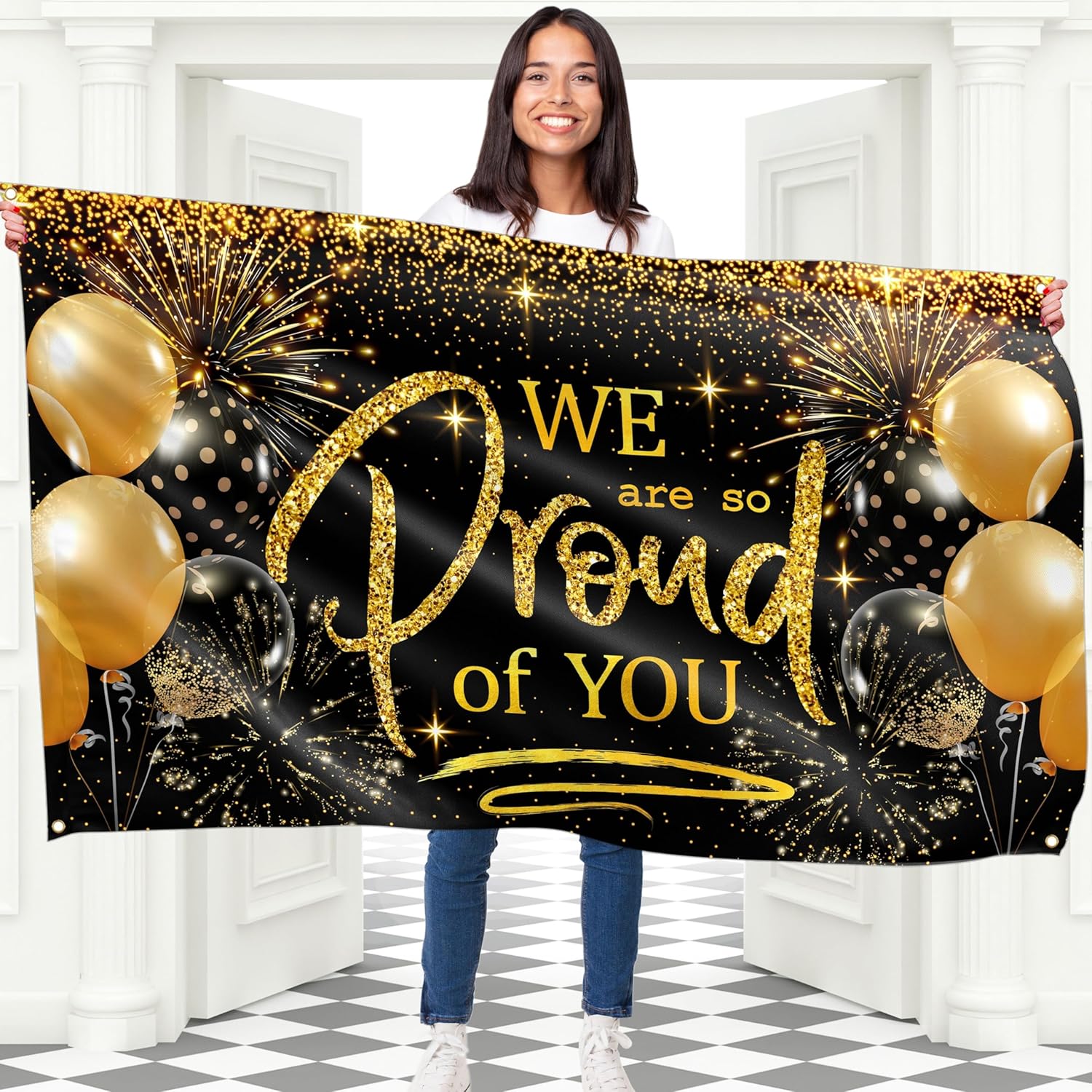 We are so Proud of You Banner - Congratulations Banner - Congratulations Decorations - Congrats Decorations for Prom - 5ft x 3ft (Black & Gold) Black & Gold - Congratula