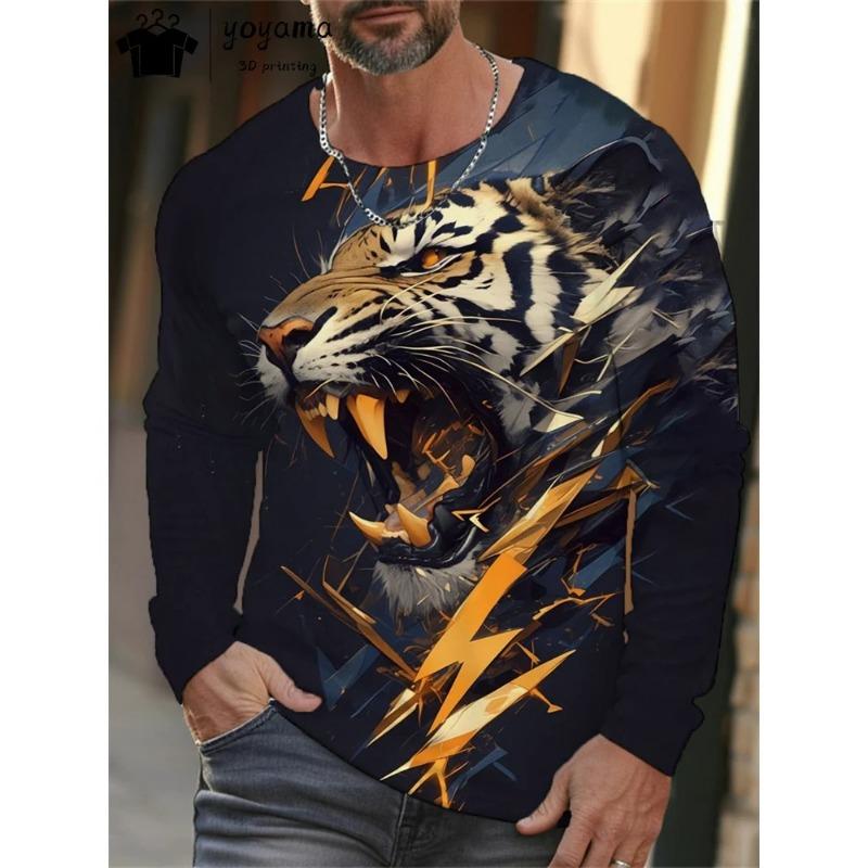 Tiger Y2K T shirt Men Fashion Tiger Graphic T shirts 3D Print Men s Clothing Breathable Simple Men s Long Sleeve T-shirt Tops S