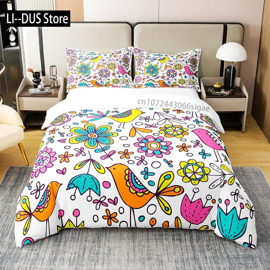 Floral Bedding Set Full Size Colorful Flowers Comforter Cover for Girls Child Duvet Cover Bedroom Decor with 2 Pillow Cases