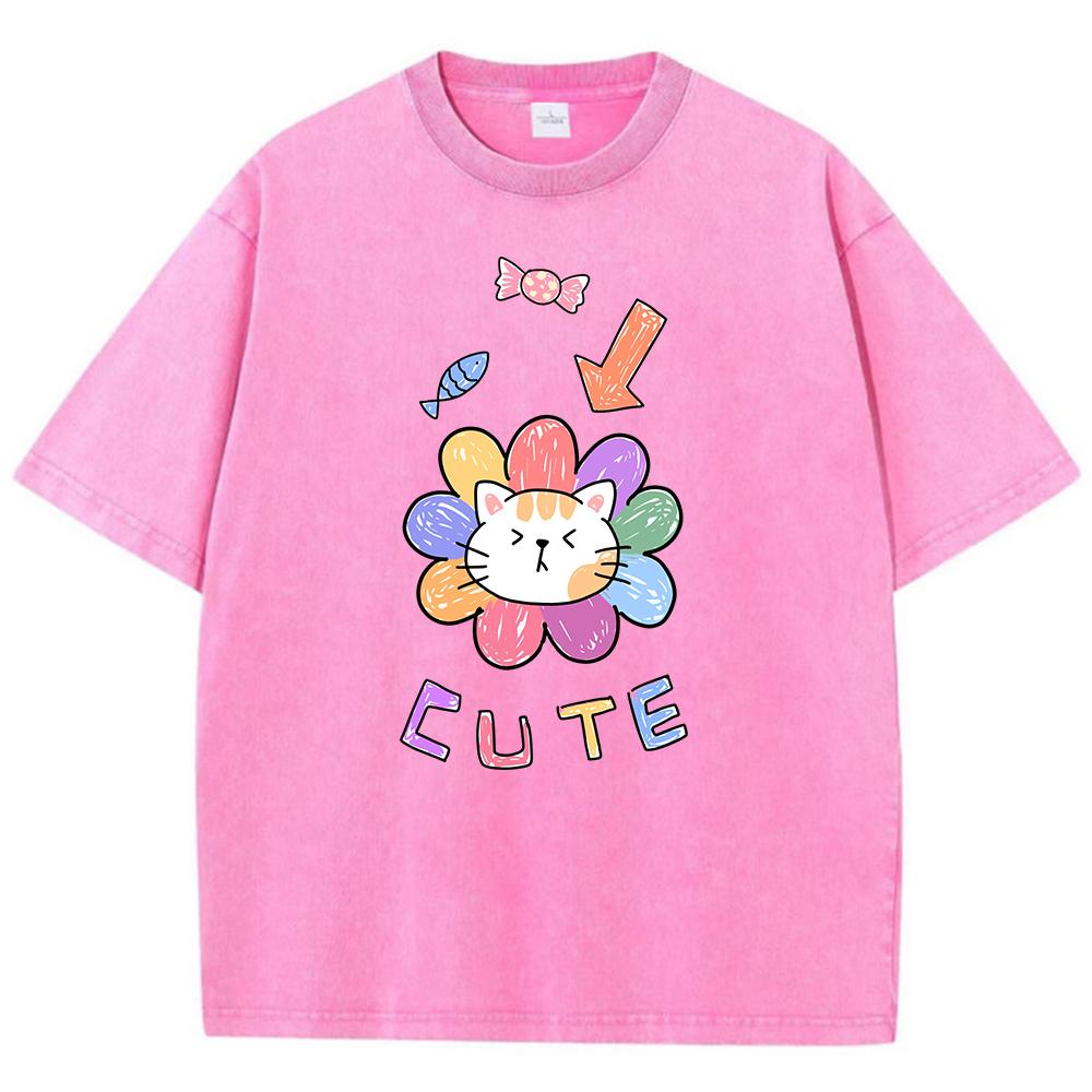 Cute Cartoon Little Flower Cat Men'S Tee Clothing Cartoon T-Shirts Popular Shoulder Drop Tee Shirt Retro Cotton Tops